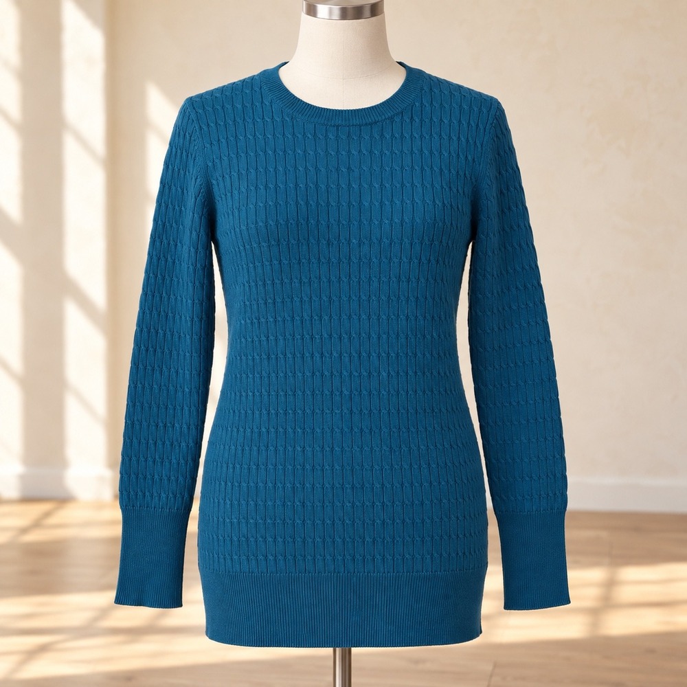 Pact Teal Blue Organic Cotton Cable Knit Tunic Sweater Women's Small Minimalist